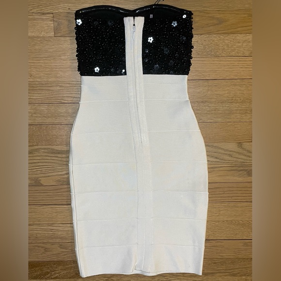 NWT- HERVE LEGER Black & White Strapless Bandage Knit Midi Cocktail Party Dress - Picture 6 of 13